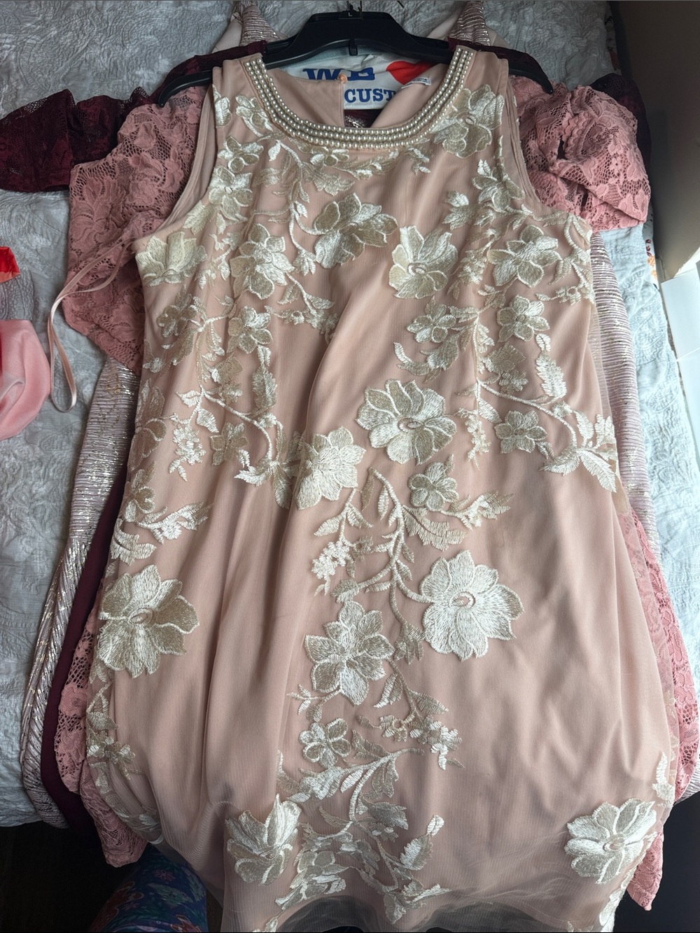 Studio One Blush Pink Sleeveless Floral Appliqué Mini Dress with Beaded Neckline